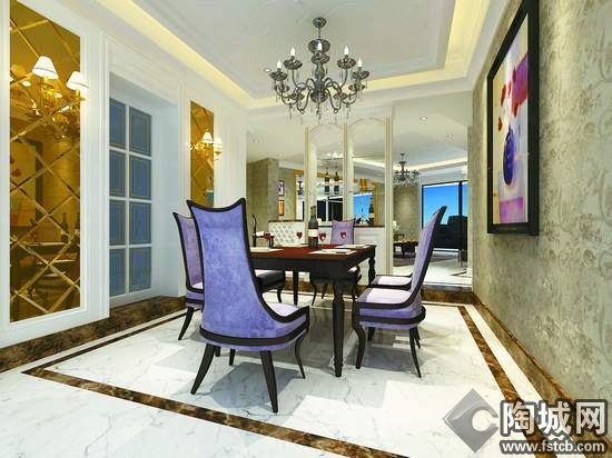	淡紫餐椅与碎花壁纸无疑是餐厅最大的亮点，现代时尚的空间彰显主人高贵优雅的生活品位。